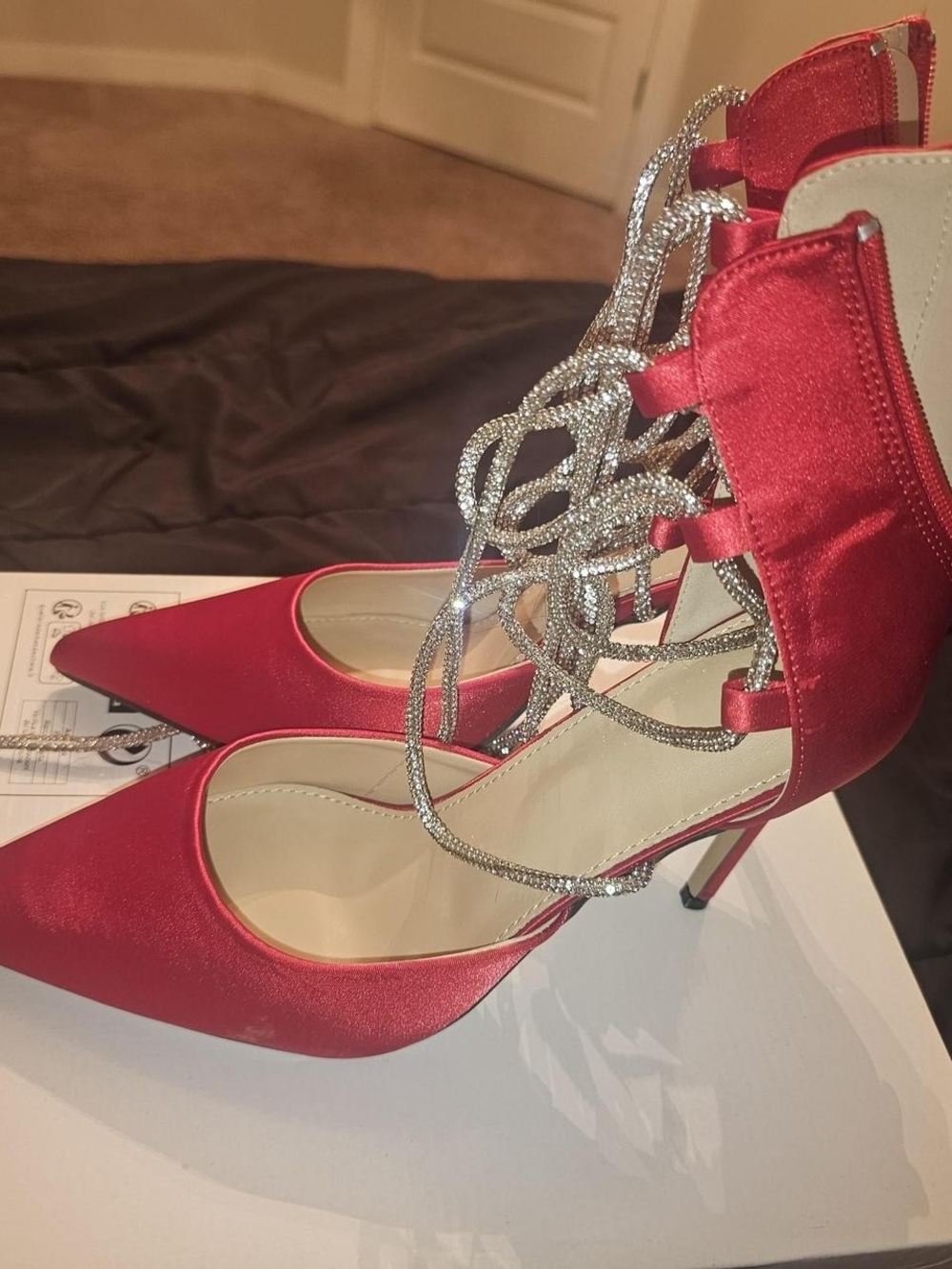 Elegant Red Satin Pointed-Toe High Heels with Rhinestone Lace